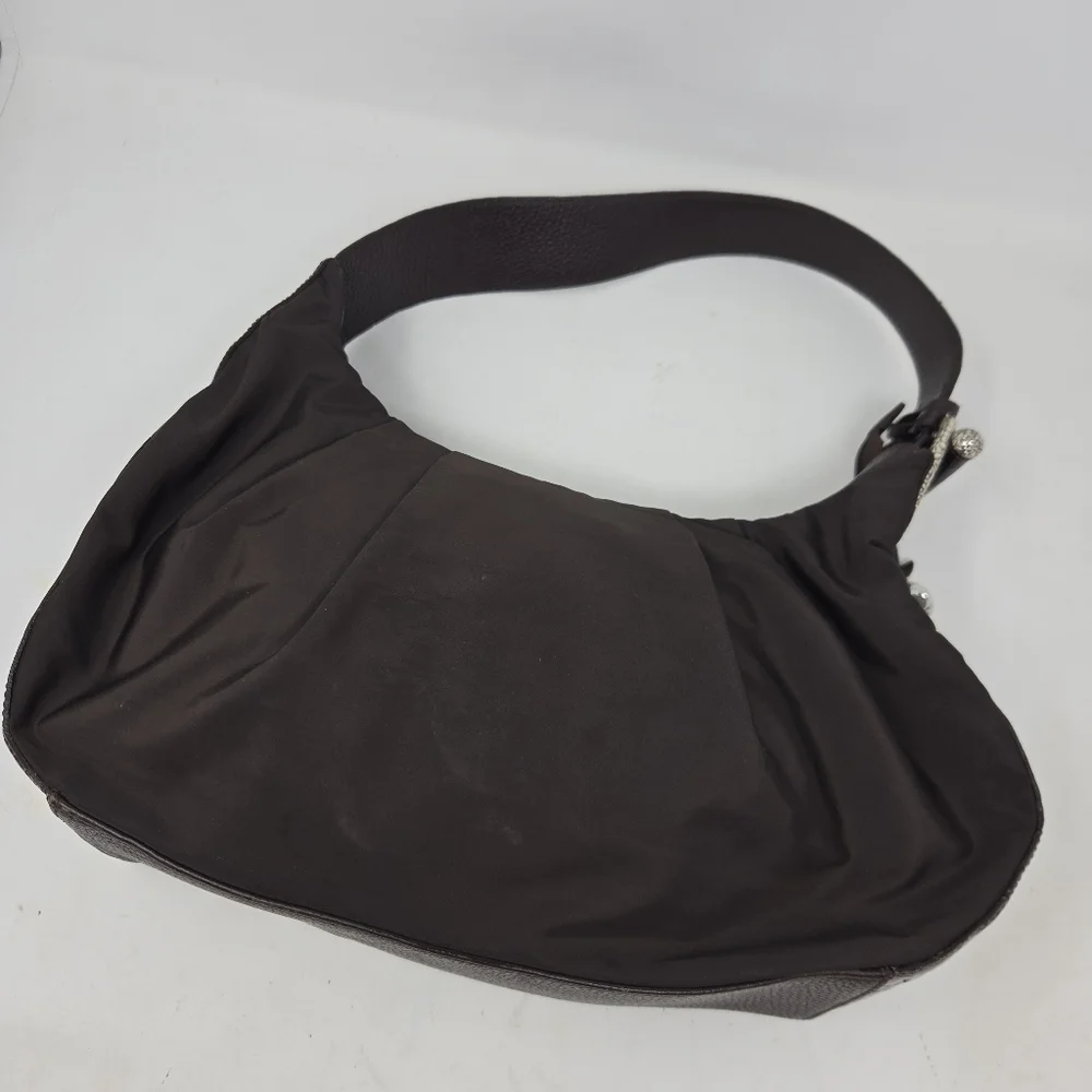 BRIGHTON Brown‎ Patent Leather Croc Embossed Nylon Hobo Purse Shoulder Bag Tote
